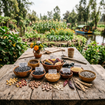 Wooden bowls filled with labeled traditional Mexican seeds and grains on a rustic table outdoors